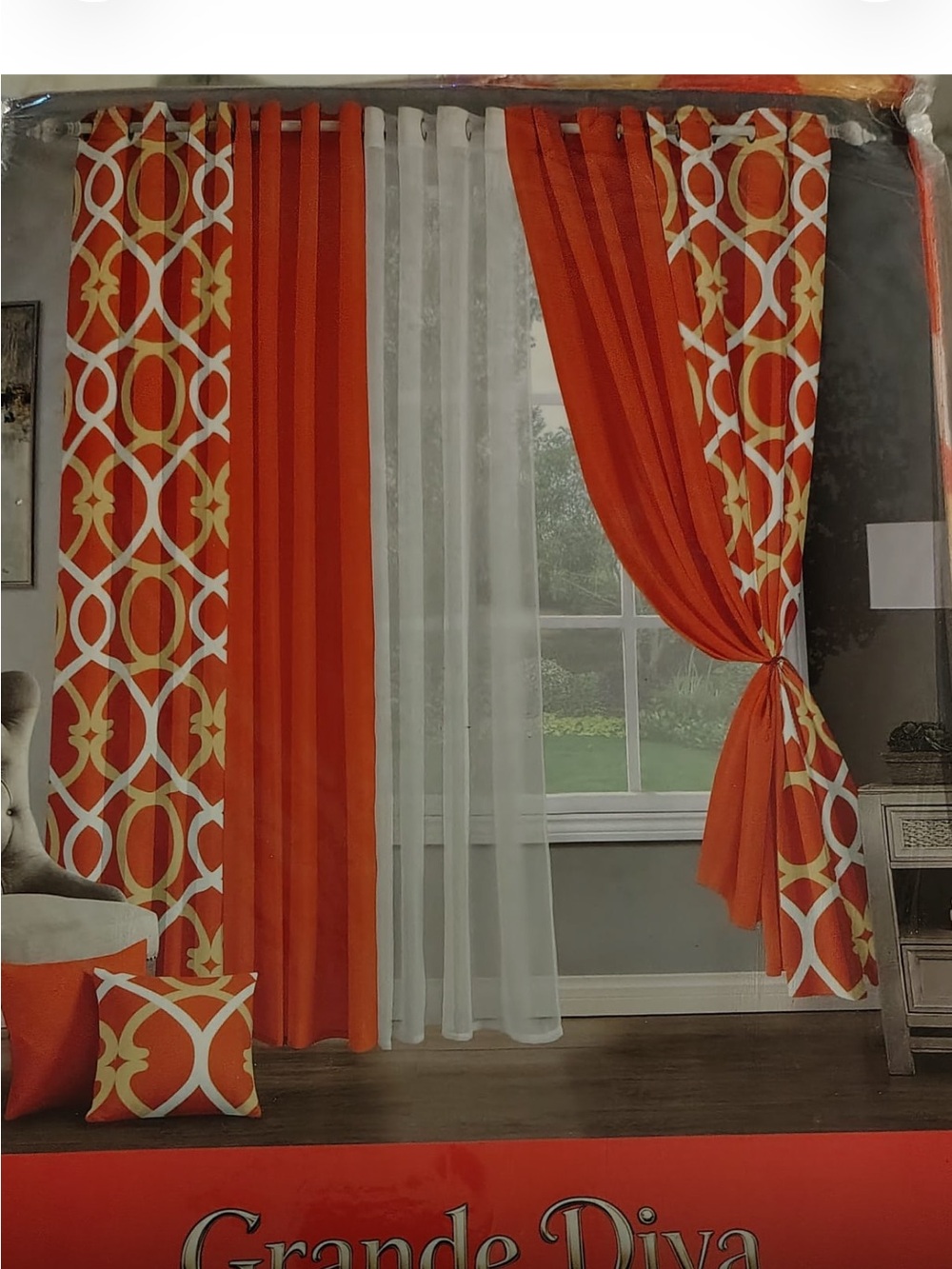 Orange Geometric Window Curtain Panel Set